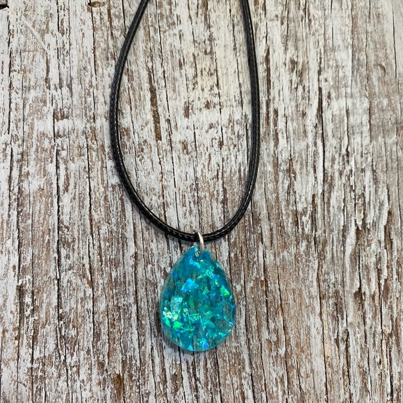 Iridescent Blue Teardrop Necklace - Handmade - Picture 5 of 13